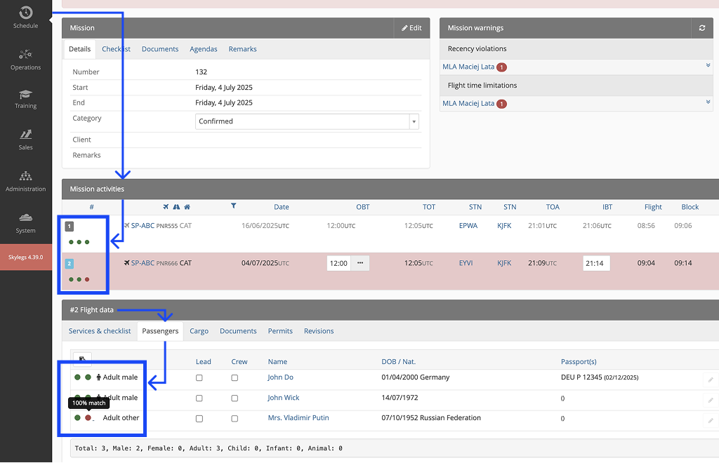 The General status buttons and the Individual status buttons updated by PnrGo within the Skylegs system.