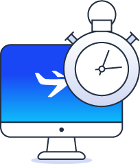 Flight schedule monitoring icon - computer screen with a plane and a clock.